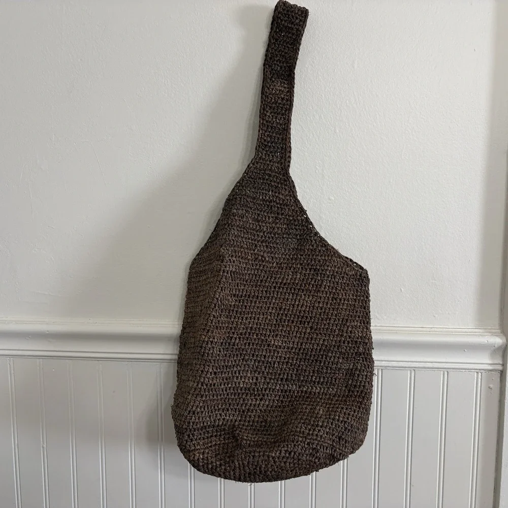 Vtg Helen Kaminski Woven Crocheted Raffia Bucket Tote Shoulder Bag Brown Large
